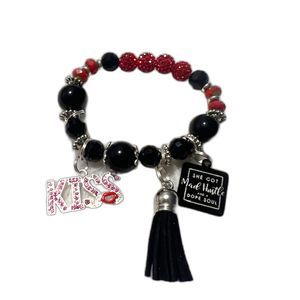 Black Red Beaded Rhinestones Kiss Tasseled Charm Elastic Bracelet